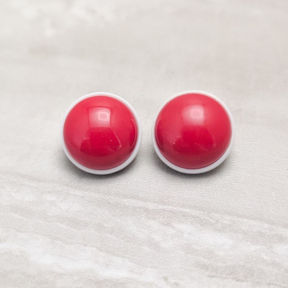Vintage Clip On Earrings Retro Domed Red Circle with White Halo